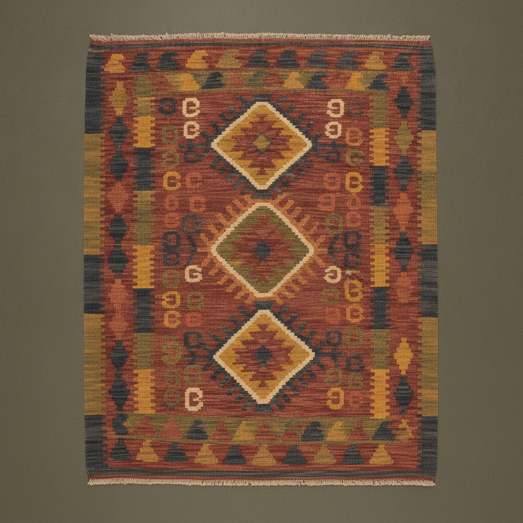 Ceviz yeşili zemin üzerine geometrik Anadolu deseni işlenmiş el dokuması kilim