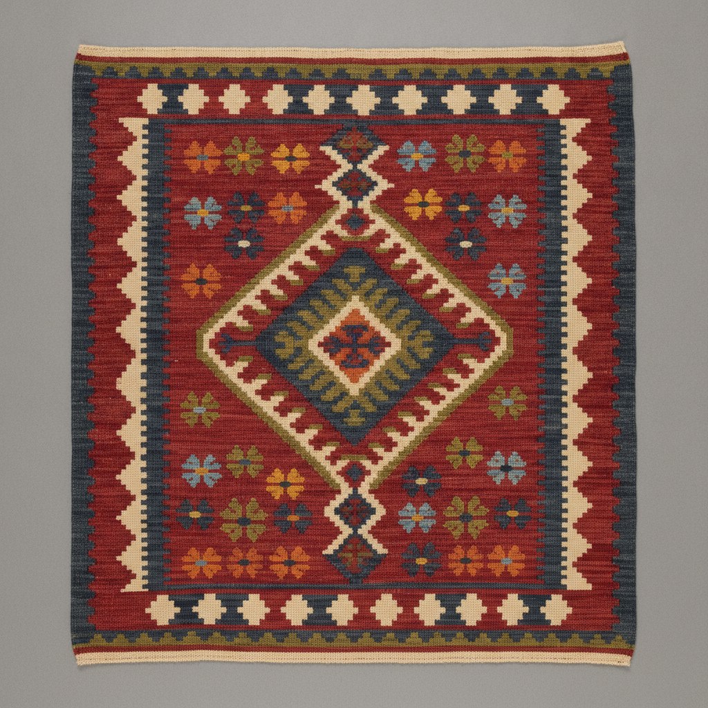 Madder kırmızısı zemin üzerine merkezî madalyon desenli yün kilim